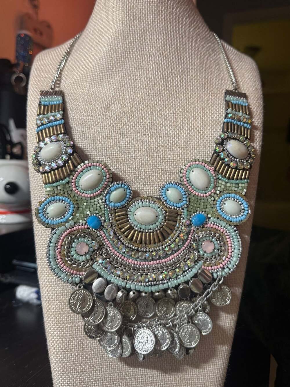 Boho Statement Beaded Coin Bib Necklace Pastel Mint Pink